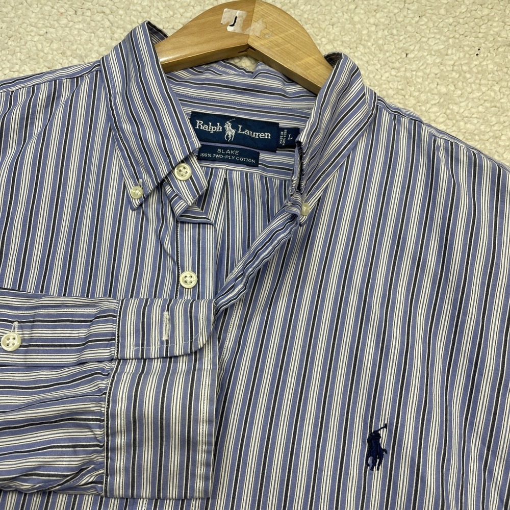 Ralph Lauren Blake Shirt Mens Large Blue White‎ Stripe 100% Cotton Button Down L